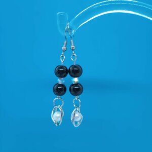Caged Faux Pearl with Black Beads Long Drop Earrings  Hand Crafted